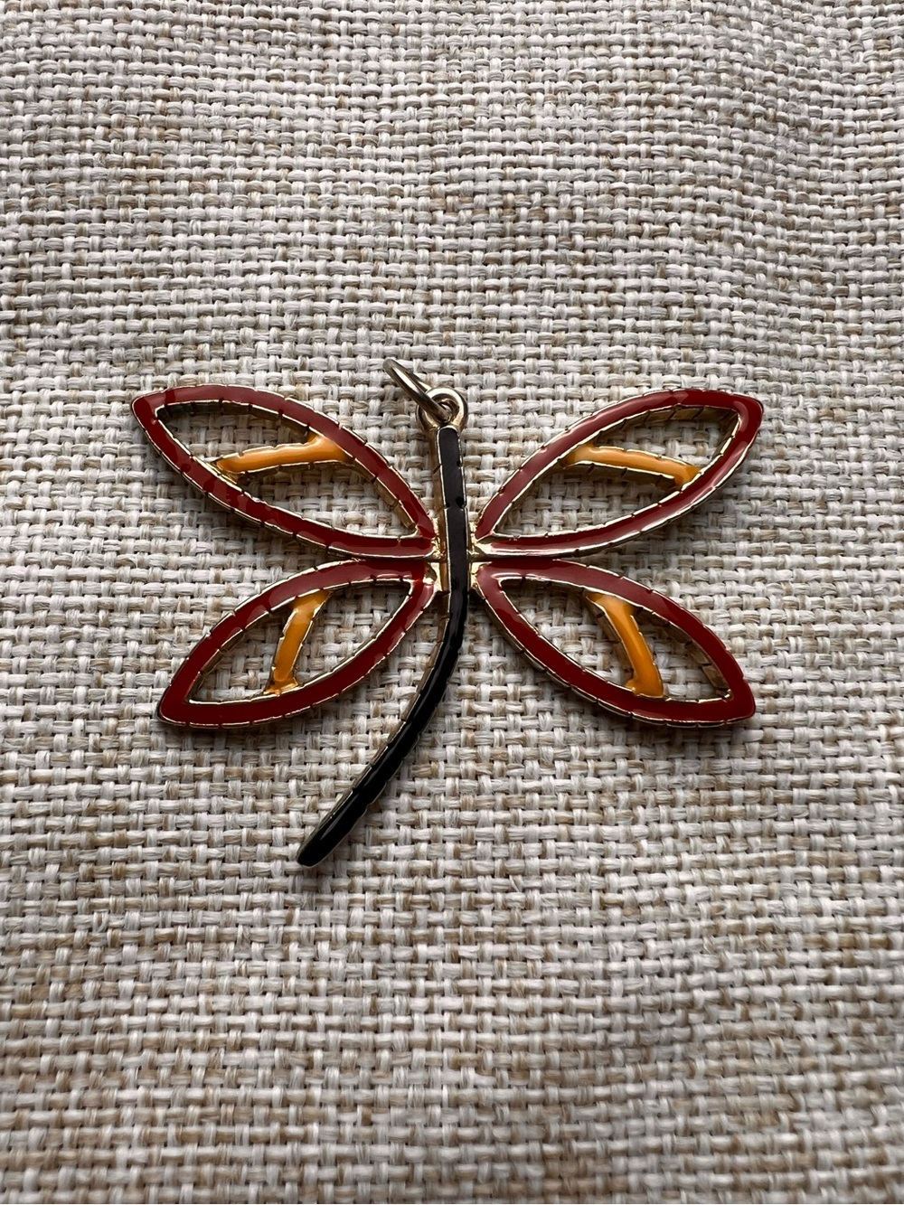 VINTAGE Red, Yellow, and Black Enamel Dragonfly Necklace Pendant